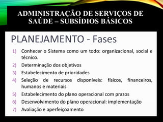 ADMINISTRAÇÃO DE SERVIÇOS DE
SAÚDE – SUBSÍDIOS BÁSICOS
 