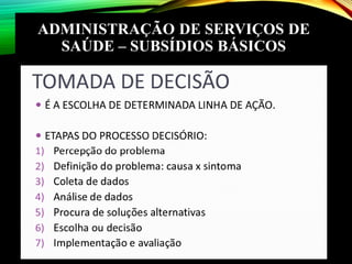 ADMINISTRAÇÃO DE SERVIÇOS DE
SAÚDE – SUBSÍDIOS BÁSICOS
 