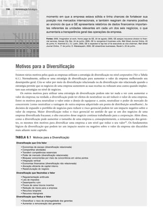 Administração Estratégica
158
Motivos para a Diversificação
Existem vários motivos pelos quais as empresas utilizam a estratégia de diversificação no nível corporativo (Ver a Tabela
6.1.). Normalmente, utiliza-se uma estratégia de diversificação para aumentar o valor da empresa melhorando seu
desempenho geral. Cria-se valor por meio da diversificação relacionada ou da diversificação não relacionada quando a
estratégia permite que os negócios de uma empresa aumentem as suas receitas ou reduzam seus custos quando implan-
tam suas estratégias no nível de negócios.
Os outros motivos para utilizar uma estratégia de diversificação podem não ter nada a ver com aumentar o
valor da empresa; na verdade, a diversificação pode ter efeitos de neutralizar ou até reduzir o valor de uma empresa.
Entre os motivos para neutralizar o valor estão o desejo de equiparar e, assim, neutralizar o poder de mercado do
concorrente (como neutralizar a vantagem de outra empresa adquirindo um ponto de distribuição semelhante). As
decisões de expandir o portfólio de negócios para reduzir o risco gerencial podem ter um impacto negativo sobre o
valor da empresa. Maior diversificação reduz o risco gerencial no sentido de que se um dos negócios de uma
empresa diversificada fracassar, o alto executivo desse negócio continua trabalhando para a corporação. Além disso,
como a diversificação pode aumentar o tamanho de uma empresa e, conseqüentemente, a remuneração dos geren-
tes, os mesmos têm motivos para diversificar uma empresa a um nível que reduz o seu valor25. Os fundamentos
lógicos da diversificação que podem ter um impacto neutro ou negativo sobre o valor da empresa são discutidos
mais adiante neste capítulo.
TABELA 6.1 Motivos para a Diversificação
Diversificação que Cria Valor
• Economias de escopo (diversificação relacionada)
• Compartilhar atividades
• Transferir competências essenciais
• Poder de mercado (diversificação relacionada)
• Bloquear concorrentes por meio da concorrência em vários pontos
• Integração vertical
• Economias financeiras (diversificação não relacionada)
• Alocação eficiente de capital interno
• Reestruturação do negócio
Diversificação que Neutraliza o Valor
• Regulamentação antitruste
• Leis de impostos
• Desempenho ruim
• Fluxos de caixa futuros incertos
• Redução de riscos para a empresa
• Recursos tangíveis
• Recursos intangíveis
Diversificação que Reduz o Valor
• Diversificar o risco de empregalidade dos gerentes
• Aumentar a remuneração dos gerentes
momento em que a empresa estava sólida e tinha chances de fortalecer sua
posição nos mercados internacionais, e também reagiram de maneira positiva
ao anúncio de que a GE apresentaria relatórios de dados financeiros importan-
tes referentes às unidades relevantes em cada um dos seis negócios, o que
aumentaria a transparência geral das operações da empresa.
Fontes: 2005, Imagination at work, Home page da GE, 23 de agosto; 2005, GE assigns insurance division to finan-
cial services, Kansas City Star, 24 de junho; 2005, GE to reorganize 6 business units, Wall Street Journal Online, 23
de junho; K. Kranhold  J. S. Lublin, 2005, GE is expected to tap two of its executives as vice chairman, Wall Street
Journal Online, 17 de junho; D. Wakabayashi, 2005, GE streamlines businesses, Reuter’s, 23 de junho.
CapHITT06.qxd 21.09.07 17:55 Page 158
 
