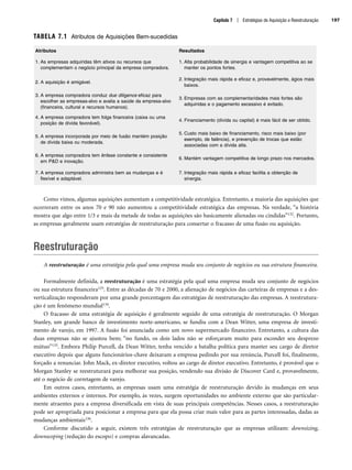 Capítulo 7 | Estratégias de Aquisição e Reestruturação 197
TABELA 7.1 Atributos de Aquisições Bem-sucedidas
Como vimos, algumas aquisições aumentam a competitividade estratégica. Entretanto, a maioria das aquisições que
ocorreram entre os anos 70 e 90 não aumentou a competitividade estratégica das empresas. Na verdade, “a história
mostra que algo entre 1/3 e mais da metade de todas as aquisições são basicamente alienadas ou cindidas”132. Portanto,
as empresas geralmente usam estratégias de reestruturação para consertar o fracasso de uma fusão ou aquisição.
Reestruturação
A reestruturação é uma estratégia pela qual uma empresa muda seu conjunto de negócios ou sua estrutura financeira.
Formalmente definida, a reestruturação é uma estratégia pela qual uma empresa muda seu conjunto de negócios
ou sua estrutura financeira133. Entre as décadas de 70 e 2000, a alienação de negócios das carteiras de empresas e a des-
verticalização responderam por uma grande porcentagem das estratégias de reestruturação das empresas. A reestrutura-
ção é um fenômeno mundial134.
O fracasso de uma estratégia de aquisição é geralmente seguido de uma estratégia de reestruturação. O Morgan
Stanley, um grande banco de investimento norte-americano, se fundiu com a Dean Witter, uma empresa de investi-
mento de varejo, em 1997. A fusão foi anunciada como um novo supermercado financeiro. Entretanto, a cultura das
duas empresas não se ajustou bem; “no fundo, os dois lados não se esforçaram muito para esconder seu desprezo
mútuo”135. Embora Philip Purcell, da Dean Witter, tenha vencido a batalha política para manter seu cargo de diretor
executivo depois que alguns funcionários-chave deixaram a empresa pedindo por sua renúncia, Purcell foi, finalmente,
forçado a renunciar. John Mack, ex-diretor executivo, voltou ao cargo de diretor executivo. Entretanto, é provável que o
Morgan Stanley se reestruturará para melhorar sua posição, vendendo sua divisão de Discover Card e, provavelmente,
até o negócio de corretagem de varejo.
Em outros casos, entretanto, as empresas usam uma estratégia de reestruturação devido às mudanças em seus
ambientes externos e internos. Por exemplo, às vezes, surgem oportunidades no ambiente externo que são particular-
mente atraentes para a empresa diversificada em vista de suas principais competências. Nesses casos, a reestruturação
pode ser apropriada para posicionar a empresa para que ela possa criar mais valor para as partes interessadas, dadas as
mudanças ambientais136.
Conforme discutido a seguir, existem três estratégias de reestruturação que as empresas utilizam: downsizing,
downscoping (redução do escopo) e compras alavancadas.
Atributos Resultados
1. As empresas adquiridas têm ativos ou recursos que
complementam o negócio principal da empresa compradora.
1. Alta probabilidade de sinergia e vantagem competitiva ao se
manter os pontos fortes.
2. A aquisição é amigável.
2. Integração mais rápida e eficaz e, provavelmente, ágios mais
baixos.
3. A empresa compradora conduz due diligence eficaz para
escolher as empresas-alvo e avalia a saúde da empresa-alvo
(financeira, cultural e recursos humanos).
3. Empresas com as complementaridades mais fortes são
adquiridas e o pagamento excessivo é evitado.
4. A empresa compradora tem folga financeira (caixa ou uma
posição de dívida favorável).
4. Financiamento (dívida ou capital) é mais fácil de ser obtido.
5. A empresa incorporada por meio de fusão mantém posição
de dívida baixa ou moderada.
5. Custo mais baixo de financiamento, risco mais baixo (por
exemplo, de falência), e prevenção de trocas que estão
associadas com a dívida alta.
6. A empresa compradora tem ênfase constante e consistente
em PD e inovação.
6. Mantém vantagem competitiva de longo prazo nos mercados.
7. A empresa compradora administra bem as mudanças e é
flexível e adaptável.
7. Integração mais rápida e eficaz facilita a obtenção de
sinergia.
CapHITT07.qxd 24.09.07 15:37 Page 197
 