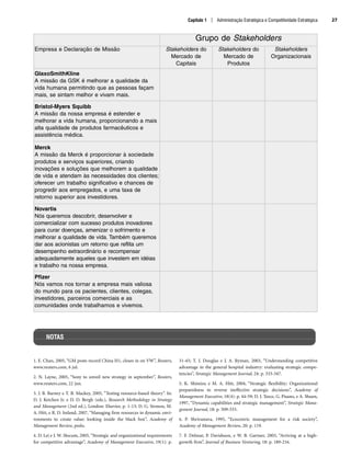 Capítulo 1 | Administração Estratégica e Competitividade Estratégica 27
Grupo de Stakeholders
Empresa e Declaração de Missão Stakeholders do
Mercado de
Capitais
Stakeholders do
Mercado de
Produtos
Stakeholders
Organizacionais
GlaxoSmithKline
A missão da GSK é melhorar a qualidade da
vida humana permitindo que as pessoas façam
mais, se sintam melhor e vivam mais.
Bristol-Myers Squibb
A missão da nossa empresa é estender e
melhorar a vida humana, proporcionando a mais
alta qualidade de produtos farmacêuticos e
assistência médica.
Merck
A missão da Merck é proporcionar à sociedade
produtos e serviços superiores, criando
inovações e soluções que melhorem a qualidade
de vida e atendam às necessidades dos clientes;
oferecer um trabalho significativo e chances de
progredir aos empregados, e uma taxa de
retorno superior aos investidores.
Novartis
Nós queremos descobrir, desenvolver e
comercializar com sucesso produtos inovadores
para curar doenças, amenizar o sofrimento e
melhorar a qualidade de vida. Também queremos
dar aos acionistas um retorno que reflita um
desempenho extraordinário e recompensar
adequadamente aqueles que investem em idéias
e trabalho na nossa empresa.
Pfizer
Nós vamos nos tornar a empresa mais valiosa
do mundo para os pacientes, clientes, colegas,
investidores, parceiros comerciais e as
comunidades onde trabalhamos e vivemos.
NOTAS
1. E. Chan, 2005, “GM posts record China H1, closes in on VW”, Reuters,
www.reuters.com, 6 jul.
2. N. Layne, 2005, “Sony to unveil new strategy in september”, Reuters,
www.reuters.com, 22 jun.
3. J. B. Barney e T. B. Mackey, 2005, “Testing resource-based theory”. In:
D. J. Ketchen Jr. e D. D. Bergh (eds.), Research Methodology in Strategy
and Management (2nd ed.), London: Elsevier, p. 1-13; D. G. Sirmon, M.
A. Hitt, e R. D. Ireland, 2007, “Managing firm resources in dynamic envi-
ronments to create value: looking inside the black box”, Academy of
Management Review, prelo.
4. D. Lei e J. W. Slocum, 2005, “Strategic and organizational requirements
for competitive advantage”, Academy of Management Executive, 19(1): p.
31-45; T. J. Douglas e J. A. Ryman, 2003, “Understanding competitive
advantage in the general hospital industry: evaluating strategic compe-
tencies”, Strategic Management Journal, 24: p. 333-347.
5. K. Shimizu e M. A. Hitt, 2004, “Strategic flexibility: Organizational
preparedness to reverse ineffective strategic decisions”, Academy of
Management Executive, 18(4): p. 44-59; D. J. Teece, G. Pisano, e A. Shuen,
1997, “Dynamic capabilities and strategic management”, Strategic Mana-
gement Journal, 18: p. 509-533.
6. P. Shrivastava, 1995, “Ecocentric management for a risk society”,
Academy of Management Review, 20: p. 119.
7. F. Delmar, P. Davidsson, e W. B. Gartner, 2003, “Arriving at a high-
growth firm”, Journal of Business Venturing, 18: p. 189-216.
CapHITT01.qxd 21.09.07 17:38 Page 27
 