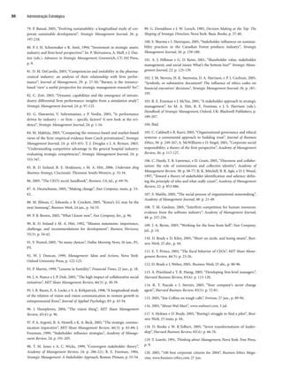 79. P. Bansal, 2005, “Evolving sustainability: a longitudinal study of cor-
porate sustainable development”, Strategic Management Journal, 26: p.
197-218.
80. P. J. H. Schoemaker e R. Amit, 1994, “Investment in strategic assets:
industry and firm-level perspectives”. In: P. Shrivastava, A. Huff, e J. Dut-
ton (eds.), Advances in Strategic Management, Greenwich, CT: JAI Press,
p. 9.
81. D. M. DeCarolis, 2003, “Competencies and imitability in the pharma-
ceutical industry: an analysis of their relationship with firm perfor-
mance”, Journal of Management, 29: p. 27-50; “Barney, is the resource-
based ‘view’ a useful perspective for strategic management research? Yes”.
82. C. Zott, 2003, “Dynamic capabilities and the emergence of intrain-
dustry differential firm performance: insights from a simulation study”,
Strategic Management Journal, 24: p. 97-125.
83. G. Hawawini, V. Subramanian, e P. Verdin, 2003, “Is performance
driven by industry – or firm – specific factors? A new look at the evi-
dence”, Strategic Management Journal, 24: p. 1-16.
84. M. Makhija, 2003, “Comparing the resource-based and market-based
views of the firm: empirical evidence from Czech privatization”, Strategic
Management Journal, 24: p. 433-451; T. J. Douglas e J. A. Ryman, 2003,
“Understanding competitive advantage in the general hospital industry:
evaluating strategic competencies”, Strategic Management Journal, 24: p.
333-347.
85. R. D. Ireland, R. E. Hoskisson, e M. A. Hitt, 2006, Understan ding
Business Strategy, Cincinnati: Thomson South-Western, p. 32-34.
86. 2005, “The CEO’s secret handbook”, Business 2.0, jul., p. 69-76.
87. A. Deutschman, 2005, “Making change”, Fast Company, maio, p. 53-
62.
88. M. Ihlwan, C. Edwards, e R. Crockett, 2005, “Korea’s LG may be the
next Samsung”, Business Week, 24 jan., p. 54-55.
89. P. B. Brown, 2005, “What I know now”, Fast Company, fev., p. 96.
90. R. D. Ireland e M. A. Hitt, 1992, “Mission statements: importance,
challenge, and recommendations for development”, Business Horizons,
35(3): p. 34-42.
91. V. Postrel, 2005, “So many choices”, Dallas Morning News, 26 jun., P1,
P5.
92. W. J. Duncan, 1999, Management: Ideas and Actions, Nova York:
Oxford University Press, p. 122-125.
93. P. Martin, 1999, “Lessons in humility”, Financial Times, 22 jun., p. 18.
94. J. A. Pearce e J. P. Doh, 2005, “The high impact of collaborative social
initiatives”, MIT Sloan Management Review, 46(3): p. 30-39.
95. I. R. Baum, E. A. Locke, e S. A. Kirkpatrick, 1998, “A longitudinal study
of the relation of vision and vision communication to venture growth in
entrepreneurial firms”, Journal of Applied Psychology, 83: p. 43-54.
96. J. Humphreys, 2004, “The vision thing”, MIT Sloan Management
Review, 45(4): p. 96.
97. P. A. Argenti, R. A. Howell, e K. A. Beck, 2005, “The strategic commu-
nication imperative”, MIT Sloan Management Review, 46(3): p. 83-89; J.
Frooman, 1999, “Stakeholder influence strategies”, Academy of Manage-
ment Review, 24: p. 191-205.
98. T. M. Jones e A. C. Wicks, 1999, “Convergent stakeholder theory”,
Academy of Management Review, 24: p. 206-221; R. E. Freeman, 1984,
Strategic Management: A Stakeholder Approach, Boston: Pitman, p. 53-54.
99. G. Donaldson e J. W. Lorsch, 1983, Decision Making at the Top: The
Shaping of Strategic Direction, Nova York: Basic Books, p. 37-40.
100. S. Sharma e I. Henriques, 2005, “Stakeholder influences on sustaina-
bility practices in the Canadian Forest products industry”, Strategic
Management Journal, 26: p. 159-180.
101. A. J. Hillman e G. D. Keim, 2001, “Shareholder value, stakeholder
management, and social issues: What’s the bottom line?” Strategic Mana-
gement Journal, 22: p. 125-139.
102. J. M. Stevens, H. K. Steensma, D. A. Harrison, e P. L Cochran, 2005,
“Symbolic or substantive document? The influence of ethics codes on
financial executives’ decisions”, Strategic Management Journal, 26: p. 181-
195.
103. R. E. Freeman e J. McVea, 2001, “A stakeholder approach to strategic
management”. In: M. A. Hitt, R. E. Freeman, e J. S. Harrison (eds.),
Handbook of Strategic Management, Oxford, UK: Blackwell Publishers, p.
189-207.
104. Ibid.
105. C. Caldwell e R. Karri, 2005, “Organizational governance and ethical
systerns: a convenantal approach to building trust”, Journal of Business
Ethics, 58: p. 249-267; A. McWilliams e D. Siegel, 2001, “Corporate social
responsibility: a theory of the firm perspective”, Academy of Management
Review, 26: p. 117-127.
106. C. Hardy, T. B. Lawrence, e D. Grant, 2005, “Discourse and collabo-
ration: the role of conversations and collective identity”, Academy of
Management Review, 30: p. 58-77; R. K. Mitchell, B. R. Agle, e D. J. Wood,
1997, “Toward a theory of stakeholder identification and salience: defin-
ing the principle of who and what really count”, Academy of Management
Review, 22: p. 853-886.
107. S. Maitlis, 2005, “The social process of organizational sensemaking”,
Academy of Management Journal, 48: p. 21-49.
108. T. M. Gardner, 2005, “Interfirm competition for human resources:
evidence from the software industry”, Academy of Management Journal,
48: p. 237-256.
109. J. A. Byrne, 2005, “Working for the boss from hell”, Fast Company,
jul., p. 14.
110. D. Brady e D. Kiley, 2005, “Short on sizzle, and losing steam”, Busi-
ness Week, 25 abr., p. 44.
111. E. T. Prince, 2005, “The fiscal behavior of CEOs”, MIT Sloan Mana-
gement Review, 46(3): p. 23-26.
112. D. Brady e J. Weber, 2005, Business Week, 25 abr., p. 88-96.
113. A. Priestland e T. R. Hanig, 2005, “Developing first-level managers”,
Harvard Business Review, 83(6): p. 113-120.
114. R. T. Pascale e J. Sternin, 2005, “Your company’s secret change
agent”, Harvard Business Review, 83(5): p. 72-81.
115. 2005, “Jim Collins on tough calls”, Fortune, 27 jun., p. 89-94.
116. 2005, “About Wal-Mart”, www.walmart.com, 3 jul.
117. S. Holmes e D. Brady, 2005, “Boeing’s struggle to find a pilot”, Busi-
ness Week, 23 maio, p. 44.
118. D. Rooke e W. R.Tolbert, 2005, “Seven transformations of leader-
ship”, Harvard Business Review, 83(4): p. 66-76.
119. T. Leavitt, 1991, Thinking about Management, Nova York: Free Press,
p. 9.
120. 2005, “100 best corporate citizens for 2004”, Business Ethics Maga-
zine, www.business-ethics.com, 27 jun.
Administração Estratégica
30
CapHITT01.qxd 21.09.07 17:38 Page 30
 