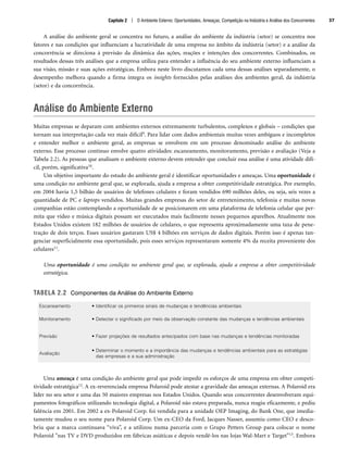 A análise do ambiente geral se concentra no futuro, a análise do ambiente da indústria (setor) se concentra nos
fatores e nas condições que influenciam a lucratividade de uma empresa no âmbito da indústria (setor) e a análise da
concorrência se direciona à previsão da dinâmica das ações, reações e intenções dos concorrentes. Combinados, os
resultados dessas três análises que a empresa utiliza para entender a influência do seu ambiente externo influenciam a
sua visão, missão e suas ações estratégicas. Embora neste livro discutamos cada uma dessas análises separadamente, o
desempenho melhora quando a firma integra os insights fornecidos pelas análises dos ambientes geral, da indústria
(setor) e da concorrência.
Análise do Ambiente Externo
Muitas empresas se deparam com ambientes externos extremamente turbulentos, complexos e globais – condições que
tornam sua interpretação cada vez mais difícil9. Para lidar com dados ambientais muitas vezes ambíguos e incompletos
e entender melhor o ambiente geral, as empresas se envolvem em um processo denominado análise do ambiente
externo. Esse processo contínuo envolve quatro atividades: escaneamento, monitoramento, previsão e avaliação (Veja a
Tabela 2.2). As pessoas que analisam o ambiente externo devem entender que concluir essa análise é uma atividade difí-
cil, porém, significativa10.
Um objetivo importante do estudo do ambiente geral é identificar oportunidades e ameaças. Uma oportunidade é
uma condição no ambiente geral que, se explorada, ajuda a empresa a obter competitividade estratégica. Por exemplo,
em 2004 havia 1,5 bilhão de usuários de telefones celulares e foram vendidos 690 milhões deles, ou seja, seis vezes a
quantidade de PC e laptops vendidos. Muitas grandes empresas do setor de entretenimento, telefonia e muitas novas
companhias estão contemplando a oportunidade de se posicionarem em uma plataforma de telefonia celular que per-
mita que vídeo e música digitais possam ser executados mais facilmente nesses pequenos aparelhos. Atualmente nos
Estados Unidos existem 182 milhões de usuários de celulares, o que representa aproximadamente uma taxa de pene-
tração de dois terços. Esses usuários gastaram US$ 4 bilhões em serviços de dados digitais. Porém isso é apenas tan-
genciar superficialmente essa oportunidade, pois esses serviços representaram somente 4% da receita proveniente dos
celulares11.
Uma oportunidade é uma condição no ambiente geral que, se explorada, ajuda a empresa a obter competitividade
estratégica.
TABELA 2.2 Componentes da Análise do Ambiente Externo
Uma ameaça é uma condição do ambiente geral que pode impedir os esforços de uma empresa em obter competi-
tividade estratégica12. A ex-reverenciada empresa Polaroid pode atestar a gravidade das ameaças externas. A Polaroid era
líder no seu setor e uma das 50 maiores empresas nos Estados Unidos. Quando seus concorrentes desenvolveram equi-
pamentos fotográficos utilizando tecnologia digital, a Polaroid não estava preparada, nunca reagiu eficazmente, e pediu
falência em 2001. Em 2002 a ex-Polaroid Corp. foi vendida para a unidade OEP Imaging, do Bank One, que imedia-
tamente mudou o seu nome para Polaroid Corp. Um ex-CEO da Ford, Jacques Nasser, assumiu como CEO e desco-
briu que a marca continuava “viva”, e a utilizou numa parceria com o Grupo Petters Group para colocar o nome
Polaroid nas TV e DVD produzidos em fábricas asiáticas e depois vendê-los nas lojas Wal-Mart e Target”13. Embora
Escaneamento • Identificar os primeiros sinais de mudanças e tendências ambientais
Monitoramento • Detectar o significado por meio da observação constante das mudanças e tendências ambientais
Previsão • Fazer projeções de resultados antecipados com base nas mudanças e tendências monitoradas
Avaliação
• Determinar o momento e a importância das mudanças e tendências ambientais para as estratégias
das empresas e a sua administração
Capítulo 2 | O Ambiente Externo: Oportunidades, Ameaças, Competição na Indústria e Análise dos Concorrentes 37
CapHITT02.qxd 21.09.07 17:42 Page 37
 