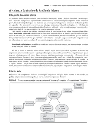 A Natureza da Análise do Ambiente Interno
O Contexto da Análise Interna
Na economia global, fatores tradicionais como o custo da mão-de-obra, acesso a recursos financeiros e matérias-pri-
mas, e mercados protegidos ou regulamentados continuam sendo fontes de vantagem competitiva, porém em menor
grau18. Um motivo importante para esse declínio é que as vantagens criadas por essas fontes mais tradicionais podem
ser superadas pelos concorrentes por meio de uma estratégia internacional (discutida no Capítulo 8) e pelo fluxo de
recursos na economia global. A necessidade de identificar fontes adicionais e talvez novas de vantagem competitiva des-
taca a importância de entender os recursos e as capacitações de uma empresa.
Cada vez mais as pessoas que analisam o ambiente interno de uma empresa devem utilizar uma mentalidade globa-
lizada. Mentalidade globalizada é a capacidade de estudar um ambiente interno de maneira que não dependa das pre-
missas de um único país, cultura ou contexto19. As pessoas com mentalidade globalizada reconhecem que suas empresas
têm que ter recursos e capacitações que permitam o entendimento e as reações adequados a situações competitivas que
são influenciadas por fatores específicos de um determinado país e culturas sociais exclusivas.
Mentalidade globalizada é a capacidade de estudar um ambiente interno de maneira que não dependa das premissas
de um único país, cultura ou contexto
Por fim, a análise do ambiente interno de uma empresa requer pessoas que avaliem o portfólio de recursos da
empresa e os agrupamentos de recursos e capacitações heterogêneos criados pelos gerentes20. Essa perspectiva sugere que as
empresas isoladas possuem pelo menos alguns recursos e capacitações que outras empresas não – pelo menos não na
mesma combinação. Os recursos são a fonte de capacitações, algumas das quais levam à criação das competências essen-
ciais de uma empresa ou de suas vantagens competitivas21. Entender como alavancar o grupo exclusivo de recursos e a
capacitações de uma empresa é o ponto-chave que os tomadores de decisão buscam quando analisam o ambiente interno.
A Figura 3. 1 ilustra a relação entre recursos, capacitações e competências essenciais e mostra como as tópicos detalhada-
mente, descrevemos valor e como as empresas utilizam seus recursos, capacitações e competências essenciais para criá-lo.
Criando Valor
Explorando suas competências essenciais ou vantagens competitivas para pelo menos atender, se não superar, os
padrões exigentes da concorrência global, as empresas criam valor para seus clientes22.
FIGURA 3. 1 Componentes da Análise Interna que Levam à Vantagem Competitiva e Competitividade Estratégica
Competências
Essenciais
Descobrindo
Competências
Essenciais
• Terceirizar
Capacitações
Recursos
• Tangíveis
• Intangíveis
Vantagem
Competitiva
Competiti-
vidade
Estratégica
Quatro Critérios
de Vantagens
Sustentáveis
Análise
da Cadeia
de Valor
• Valioso
• Raro
• Custoso de imitar
• Insubstituível
Capítulo 3 | O Ambiente Interno: Recursos, Capacitações e Competências Essenciais 71
CapHITT03.qxd 21.09.07 17:47 Page 71
 