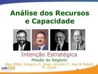 Análise dos Recursos
      e Capacidade



         Intenção Estratégica
               Missão do Negócio
Alex Miller, Gregory G. Dess, Arnoldo C. Hax & Robert
                       M. Grant
                                           4
 