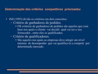 Determinação dos critérios competitivos priorizados
● Hill (1993) divide os critérios em dois conceitos:
– Critério de ganhadores de pedidos.
● OS critérios de ganhadores de pedidos são aqueles que com
base nos quais o cliente vai decidir qual vai ser o seu
fornecedor , entre eles os qualificados.
– Critério de qualificadores.
● São aqueles nos quais as empresas deve atingir um nível
minimo de desempenho que vai qualifica-la a competir por
determinado mercado.
 