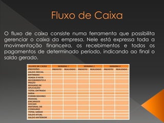 O fluxo de caixa consiste numa ferramenta que possibilita
gerenciar o caixa da empresa. Nele está expressa toda a
movimentação financeira, os recebimentos e todos os
pagamentos de determinado período, indicando ao final o
saldo gerado.
 