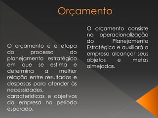 O orçamento é a etapa
do processo do
planejamento estratégico
em que se estima e
determina a melhor
relação entre resultados e
despesas para atender às
necessidades,
características e objetivos
da empresa no período
esperado.
O orçamento consiste
na operacionalização
do Planejamento
Estratégico e auxiliará a
empresa alcançar seus
objetos e metas
almejadas.
 