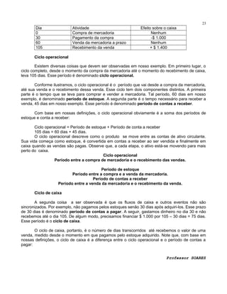 23

Dia
0
30
60
105

Atividade
Compra de mercadoria
Pagamento da compra
Venda da mercadoria a prazo
Recebimento da venda

Efeito sobre o caixa
Nenhum
-$ 1.000
Nenhum
+ $ 1.400

Ciclo operacional
Existem diversas coisas que devem ser observadas em nosso exemplo. Em primeiro lugar, o
ciclo completo, desde o momento da compra da mercadoria até o momento do recebimento de caixa,
leva 105 dias. Esse período é denominado ciclo operacional.
Conforme ilustramos, o ciclo operacional é o período que vai desde a compra da mercadoria,
até sua venda e o recebimento dessa venda. Esse ciclo tem dois componentes distintos. A primeira
parte é o tempo que se leva para comprar e vender a mercadoria. Tal período, 60 dias em nosso
exemplo, é denominado período de estoque. A segunda parte é o tempo necessário para receber a
venda, 45 dias em nosso exemplo. Esse período é denominado período de contas a receber.
Com base em nossas definições, o ciclo operacional obviamente é a soma dos períodos de
estoque e conta a receber:
Ciclo operacional = Período de estoque + Período de conta a receber
105 dias = 60 dias + 45 dias.
O ciclo operacional descreve como o produto se move entre as contas de ativo circulante.
Sua vida começa como estoque, é convertida em contas a receber ao ser vendida e finalmente em
caixa quando as vendas são pagas. Observe que, a cada etapa, o ativo está-se movendo para mais
perto do caixa.
Ciclo operacional
Período entre a compra de mercadoria e o recebimento das vendas.
Período de estoque
Período entre a compra e a venda da mercadoria.
Período de contas a receber
Período entre a venda da mercadoria e o recebimento da venda.
Ciclo de caixa
A segunda coisa a ser observada é que os fluxos de caixa e outros eventos não são
sincronizados. Por exemplo, não pagamos pelos estoques senão 30 dias após adquiri-los. Esse prazo
de 30 dias é denominado período de contas a pagar. A seguir, gastamos dinheiro no dia 30 e não
recebemos até o dia 105. De algum modo, precisamos financiar $ 1.000 por 105 – 30 dias = 75 dias.
Esse período é o ciclo de caixa.
O ciclo de caixa, portanto, é o número de dias transcorridos até recebemos o valor de uma
venda, medido desde o momento em que pagamos pelo estoque adquirido. Note que, com base em
nossas definições, o ciclo de caixa é a diferença entre o ciclo operacional e o período de contas a
pagar:
Professor SOARES

 
