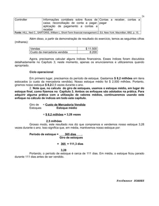 26

Controller

Informações contábeis sobre fluxos de Contas a receber, contas a
caixa; reconciliação de conta a pagar; pagar
aplicação de pagamento a contas a
receber

Fonte: HILL, Ned C., SARTORIS, William L. Short-Term financial management 2. Ed. New York: Macmillan, l992. p. 15.

Além disso, a partir da demonstração de resultado do exercício, temos as seguintes cifras
(milhares):
Vendas
Custo da mercadoria vendida

$ 11.500
8.200

Agora, precisamos calcular alguns índices financeiros. Esses índices foram discutidos
detalhadamente no Capítulo 3; neste momento, apenas os enunciaremos e utilizaremos quando
apropriado.
Ciclo operacional
Em primeiro lugar, precisamos do período de estoque. Gastamos $ 8,2 milhões em itens
estocados (o custo da mercadoria vendida). Nosso estoque médio foi $ 2,500 milhões. Portanto,
giramos nosso estoque $ 8,2/2,5 vezes durante o ano.
2. Note que, no calculo do giro de estoques, usamos o estoque médio, em lugar do
estoque final, como fizemos no Capítulo 3. Ambos os enfoques são adotados na prática. Para
adquirir alguma prática com a utilização de valores médios, continuaremos usando este
enfoque no cálculo de índices em todo este capítulo.
Giro de = Custo de Mercadoria Vendida
Estoques
Estoque médio
= $ 8,2 milhões = 3,28 vezes
2,5 milhões
Grosso modo, este resultado nos diz que compramos e vendemos nosso estoque 3,28
vezes durante o ano. Isso significa que, em média, mantivemos nosso estoque por:
Período de estoque =

365 dias
.
Giro de estoques

= 365 = 111,3 dias
3,28
Portando, o período de estoque é cerca de 111 dias. Em média, o estoque ficou parado
durante 111 dias antes de ser vendido.

Professor SOARES

 