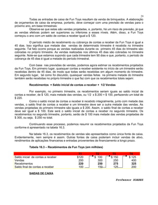 29

Todas as entradas de caixa de Fun Toys resultam da venda de brinquedos. A elaboração
de orçamentos de caixa da empresa, portanto, deve começar com uma previsão de vendas para o
próximo ano, em base trimestrais:
Observe-se que estas são vendas projetadas, e, portanto, há um risco de previsão, já que
as vendas efetivas podem ser superiores ou inferiores a esses níveis. Além, disso, a Fun Toys
começou o ano com um saldo de contas a receber igual a $ 120.
O período médio de recebimento ou cobrança de contas a receber da Fun Toys é igual a
45 dias. Isso significa que metade das vendas de determinado trimestre é recebida no trimestre
seguinte. Tal fato ocorre porque as vendas realizadas durante os primeiro 45 dias do trimestre são
cobradas no próprio trimestre. As vendas realizadas nos últimos 45 dias são cobradas no trimestre
seguinte. Note-se que estamos supondo que cada trimestre tem 90 dias e que, portanto, o período de
cobrança de 45 dias é igual a metade do período trimestral.
Com base nas previsões de vendas, podemos agora estimar os recebimentos projetados
da Fun Toys. Em primeiro lugar, quaisquer contas a receber existente no início de um trimestre serão
recebidas dentro de 45 dias, de modo que todas serão recebidas em algum momento do trimestre.
Em segundo lugar, tal como foi discutido, quaisquer vendas feitas na primeira metade do trimestre
também serão recebidas no próprio trimestre o que faz com que os recebimentos totais sejam:
Recebimentos = Saldo inicial de contas a receber + 1/2 Vendas
Por exemplo, no primeiro trimestre, os recebimentos seriam iguais ao saldo inicial de
contas a receber, de $ 120, mais metade das vendas, ou 1/2 x $ 200 = $ 100, perfazendo um total de
$ 220.
Como o saldo inicial de contas a receber é recebido integralmente, junto com metade das
vendas, o saldo final de contas a receber e um trimestre deve ser a outra metade das vendas. As
vendas projetadas do primeiro trimestre são iguais a $ 200. Assim, o saldo final de contas a receber
deve ser igual a $ 100. Este será o saldo inicial de contas a receber no segundo trimestre. Os
recebimentos no segundo trimestre, portanto, serão de $ 100 mais metade das vendas projetadas de
$ 300, ou seja, $ 250 no total.
Continuando esse processo, podemos resumir os recebimentos projetados da Fun Toys
conforme é apresentado na tabela 16.3.
Na tabela 16.3, os recebimentos de vendas são apresentados como única fonte de caixa.
Evidentemente, nem sempre é assim. Outras fontes de caixa poderiam incluir vendas de ativo,
rendimentos de aplicações financeiras e entradas provenientes de financiamento a longo prazo.
Tabela 16.3 – Recebimentos da Fun Toys (em milhões)
Saldo inicial de contas a receber
Vendas
Recebimentos
Saldo final de contas a receber

T1
$120
200
220
100

T2
$ 100
300
250
150

T3
$ 150
250
275
125

T4
$ 125
400
325
200

SAIDAS DE CAIXA

Professor SOARES

 