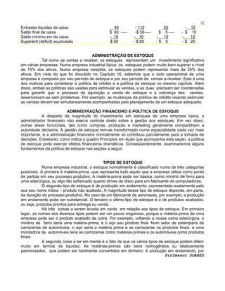 32

Entradas líquidas de caixa
Saldo final de caixa
Saldo mínimo em de caixa
Superávit (déficit) acumulado

40
$ 60
- 10
$ 50

- 110
-$ 50
- 10
- $ 60

55
$ 5
- 10
-$ 5

- 15
- $ 10
10
- $ 20

ADMINISTRAÇÃO DE ESTOQUE
Tal como as contas a receber, os estoques representam um investimento significativo
em várias empresas. Numa empresa industrial típica, os estoques podem muito bem superar o nível
de 15% dos ativos. Numa empresa varejista, os estoques podem representar mais de 25% dos
ativos. Em vista do que foi discutido no Capítulo 16, sabemos que o ciclo operacional de uma
empresa é composto por seu período de estoque e por seu período de contas a receber. Este é uma
dos motivos para considerar a política de crédito e a política de estoque no mesmo capítulo. Além
disso, ambas as políticas são usadas para estimular as vendas, e as duas precisam ser coordenadas
para garantir que o processo de aquisição e venda do estoque e a cobrança das vendas,
desenvolvam-se sem problemas. Por exemplo, as mudanças da política de crédito visando estimular
as vendas devem ser simultaneamente acompanhadas pelo planejamento de um estoque adequado.
ADMINISTRAÇÃO FINANCEIRO E POLÍTICA DE ESTOQUE
A despeito da magnitude do investimento em estoques de uma empresa típica, o
administrador financeiro não exerce controle direto sobre a gestão dos estoques. Em vez disso,
outras áreas funcionais, tais como compras, produção e marketing geralmente compartilham a
autoridade decisória. A gestão de estoque tem-se transformado numa especialidade cada vez mais
importante, e a administração financeira normalmente só contribuiu parcialmente para a tomada de
decisões. Entretanto, como indica o quadro Princípios em Ação que acompanha esta seção, a política
de estoque pode exercer efeitos financeiros dramáticos. Conseqüentemente, examinaremos alguns
fundamentos da política de estoque nas seções a seguir.
TIPOS DE ESTOQUE
Numa empresa industrial, o estoque normalmente é classificado numa de três categorias
possíveis. A primeira é matéria-prima, que representa tudo aquilo que a empresa utiliza como ponto
de partida em seu processo produtivo. A matéria-prima pode ser básica, como minério de ferro para
uma siderúrgica, ou algo tão sofisticado quanto drives de disco para um fabricante de computadores.
O segundo tipo de estoque é de produção em andamento, representado exatamente pelo
que seu nome indica – produto não acabado. A magnitude desse tipo de estoque depende, em parte,
da duração do processo produtivo. No caso de um fabricante de aeronaves, por exemplo, a produção
em andamento pode ser substancial. O terceiro e último tipo de estoque é o de produtos acabados,
ou seja, produtos prontos para entrega ou venda.
Há três coisas a serem levada em conta em relação aos tipos de estoque. Em primeiro
lugar, os nomes dos diversos tipos podem ser um pouco enganoso, porque a matéria-prima de uma
empresa pode ser o produto acabado de outra. Por exemplo, voltando a nossa usina siderúrgica, o
minério de ferro seria uma matéria-prima, e o aço seu produto final. Num setor de estamparia de
carrocerias de automóveis, o aço seria a matéria prima e as carrocerias os produtos finais, e uma
montadora de automóveis teria as carrocerias como matérias-primas e os automóveis como produtos
finais.
A segunda coisa a ter em mente é o fato de que os vários tipos de estoque podem diferir
muito em termos de liquidez. As matérias-primas são bens homogêneos ou relativamente
padronizados, que podem ser facilmente convertidos em dinheiro. A produção em andamento, por
Professor SOARES

 