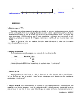 39

Estoque Final: 0

0

1

2

3

4

5

6

7

8

Semanas

EXEMPLOS
1. Uso da regra do VPL
Suponha que tivéssemos sido chamados para decidir se um novo produto de consumo deveria
não ser lançado. Com base nas projeções de vendas e custos, esperamos que o fluxo de caixa
durante os cinco anos de vida do projeto seja de $ 2.000 nos dois primeiros anos, $ 4.000 nos dois
anos seguintes e $ 5.000 no último ano. O custo para iniciar a produção será cerca de $ 10.000.
Utilizamos uma taxa de desconto de 10% para avaliar novos produtos. O que devemos fazer nesse
caso?
Dados os fluxos de caixa e a taxa de desconto, podemos calcular o valor total do produto
descontando os fluxos de caixa:
OU

2. Cálculo do payback
Os fluxos de caixa projetados para uma proposta de investimento são:
Ano
Fluxo de Caixa
1
$ 100
2
200
3
500
Esse projeto custa $ 500. Qual é o período de payback desse investimento?

3. Cálculo da TIR
Um projeto tem um custo inicial de $ 435,44. Os fluxos de caixa são de $ 100 no primeiro ano, $
200 no segundo e $ 300 no terceiro. Qual é a TIR? Se exigirmos um retorno de 18%, deveremos
aceitar esse investimento?

4. Cálculo do RCM. Você está decidindo se expande ou não sua empresa com a construção de uma
nova fábrica. A fábrica possui um custo de instalação de $ 3 milhões, que será depreciado em linha
reta ao longo de sua vida de cinco anos. Sabendo que o projeto tem lucros líquidos estimados de $
Professor SOARES

 