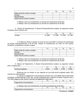 46

T1

T2

T3

T4

Saldo inicial de contas a receber
Vendas
Recebimentos
Saldo final de contas a receber
b. Refaça o item (a) considerando um período de recebimento de 60 dias.
c. Refaça o item (a) considerando um período do recebimento de 30 dias.
4. Cálculo de Recebimentos. A Soares Empreendimentos projetou as seguintes vendas
trimestrais para o próximo ano:
Vendas

T1
$ 1.800

T2
$ 1.200

T3
$ 1.300

T4
$ 1.500

a. O saldo de contas a receber no início do ano é de $ 800. O período de recebimento
da Soares Empreendimentos é de 45 dias. Calcule os recebimentos em cada um dos quatros
trimestres, completando o quadro a seguir:
T1

T2

T3

T4

Saldo inicial de contas a receber
Vendas
Recebimentos
Saldo final de contas a receber
b. Refaça o item (a) considerando um período de recebimento de 60 dias.
c. Refaça o item (a) considerando um período do recebimento de 30 dias.
5. Cálculo de Pagamentos. A Soares Empreendimentos projetou as seguintes vendas
para o próximo ano:
T1
T2
T3
T4
Vendas projetadas
$ 620
$ 550
$ 450
$ 600
Estima-se que as vendas no ano seguinte ao que está sendo projetado sejam 25%
maiores em cada trimestre.
a. Calcule os pagamentos a fornecedores supondo que a Van Meter faça encomendas
trimestrais correspondentes a 40% das vendas projetadas para o próximo trimestre. Suponha que a
Van Meter pague a vista. Qual é o período de pagamento neste caso?
T1
T2
T3
T4
Pagamentos a fornecedores
b. Refaça o item (a) considerando um período de pagamento de 90 dias.
T1
T2
T3
T4
Pagamentos a fornecedores
Professor SOARES

 