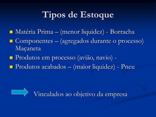 Tipos de Estoque
 Matéria Prima – (menor liquidez) - Borracha
 Componentes – (agregados durante o processo)
Maçaneta
 Produtos em processo (avião, navio) -
 Produtos acabados – (maior liquidez) - Pneu
Vinculados ao objetivo da empresa
 