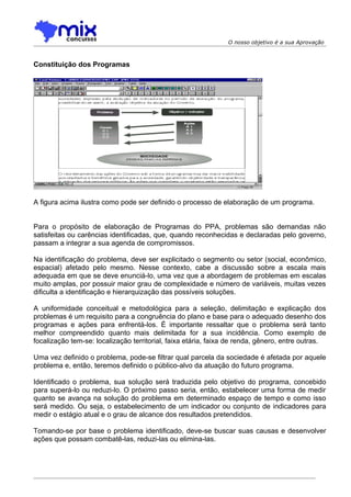O nosso objetivo é a sua Aprovação



Constituição dos Programas




A figura acima ilustra como pode ser definido o processo de elaboração de um programa.


Para o propósito de elaboração de Programas do PPA, problemas são demandas não
satisfeitas ou carências identificadas, que, quando reconhecidas e declaradas pelo governo,
passam a integrar a sua agenda de compromissos.

Na identificação do problema, deve ser explicitado o segmento ou setor (social, econômico,
espacial) afetado pelo mesmo. Nesse contexto, cabe a discussão sobre a escala mais
adequada em que se deve enunciá-lo, uma vez que a abordagem de problemas em escalas
muito amplas, por possuir maior grau de complexidade e número de variáveis, muitas vezes
dificulta a identificação e hierarquização das possíveis soluções.

A uniformidade conceitual e metodológica para a seleção, delimitação e explicação dos
problemas é um requisito para a congruência do plano e base para o adequado desenho dos
programas e ações para enfrentá-los. É importante ressaltar que o problema será tanto
melhor compreendido quanto mais delimitada for a sua incidência. Como exemplo de
focalização tem-se: localização territorial, faixa etária, faixa de renda, gênero, entre outras.

Uma vez definido o problema, pode-se filtrar qual parcela da sociedade é afetada por aquele
problema e, então, teremos definido o público-alvo da atuação do futuro programa.

Identificado o problema, sua solução será traduzida pelo objetivo do programa, concebido
para superá-lo ou reduzi-lo. O próximo passo seria, então, estabelecer uma forma de medir
quanto se avança na solução do problema em determinado espaço de tempo e como isso
será medido. Ou seja, o estabelecimento de um indicador ou conjunto de indicadores para
medir o estágio atual e o grau de alcance dos resultados pretendidos.

Tomando-se por base o problema identificado, deve-se buscar suas causas e desenvolver
ações que possam combatê-las, reduzi-las ou elimina-las.
 