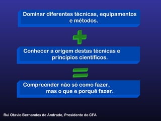 Rui Otavio Bernandes de Andrade, Presidente do CFA
Dominar diferentes técnicas, equipamentos
e métodos.
Conhecer a origem destas técnicas e
princípios científicos.
Compreender não só como fazer,
mas o que e porquê fazer.
 