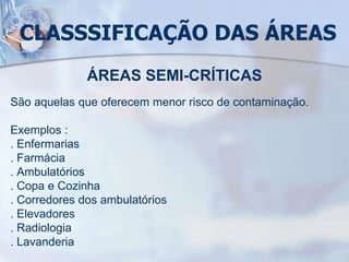 CLASSSIFICAÇÃO DAS ÁREAS
ÁREAS SEMI-CRÍTICAS
São aquelas que oferecem menor risco de contaminação.
Exemplos :
. Enfermarias
. Farmácia
. Ambulatórios
. Copa e Cozinha
. Corredores dos ambulatórios
. Elevadores
. Radiologia
. Lavanderia
 
