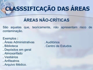 CLASSSIFICAÇÃO DAS ÁREAS
ÁREAS NÃO-CRÍTICAS
São aquelas que, teoricamente, não apresentam risco de
contaminação.
Exemplos :
. Áreas Administrativas
. Biblioteca
. Depósitos em geral
. Almoxarifado
. Vestiários
. Anfiteatros
. Arquivo Médico.
. Auditórios
. Centro de Estudos
 