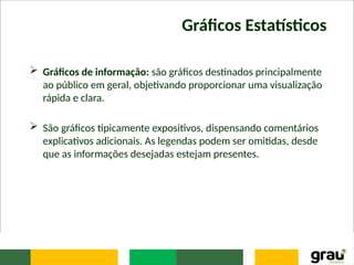 Gráficos Estatísticos
 Gráficos de informação: são gráficos destinados principalmente
ao público em geral, objetivando proporcionar uma visualização
rápida e clara.
 São gráficos tipicamente expositivos, dispensando comentários
explicativos adicionais. As legendas podem ser omitidas, desde
que as informações desejadas estejam presentes.
 