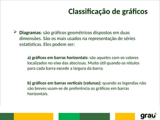 Classificação de gráficos
 Diagramas: são gráficos geométricos dispostos em duas
dimensões. São os mais usados na representação de séries
estatísticas. Eles podem ser:
a) gráficos em barras horizontais: são aqueles com os valores
localizados no eixo das abscissas. Muito útil quando os rótulos
para cada barra excede a largura da barra;
b) gráficos em barras verticais (colunas): quando as legendas não
são breves usam-se de preferência os gráficos em barras
horizontais.
 
