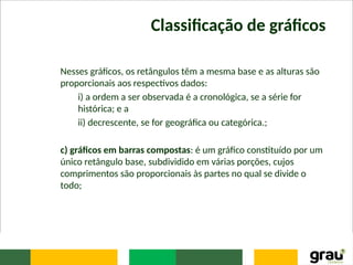 Classificação de gráficos
Nesses gráficos, os retângulos têm a mesma base e as alturas são
proporcionais aos respectivos dados:
i) a ordem a ser observada é a cronológica, se a série for
histórica; e a
ii) decrescente, se for geográfica ou categórica.;
c) gráficos em barras compostas: é um gráfico constituído por um
único retângulo base, subdividido em várias porções, cujos
comprimentos são proporcionais às partes no qual se divide o
todo;
 