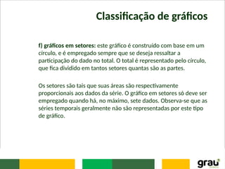 Classificação de gráficos
f) gráficos em setores: este gráfico é construído com base em um
círculo, e é empregado sempre que se deseja ressaltar a
participação do dado no total. O total é representado pelo círculo,
que fica dividido em tantos setores quantas são as partes.
Os setores são tais que suas áreas são respectivamente
proporcionais aos dados da série. O gráfico em setores só deve ser
empregado quando há, no máximo, sete dados. Observa-se que as
séries temporais geralmente não são representadas por este tipo
de gráfico.
 