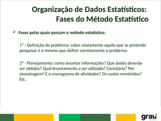 Organização de Dados Estatísticos:
Fases do Método Estatístico
 Fases pelas quais passam o método estatístico:
1º - Definição do problema: saber exatamente aquilo que se pretende
pesquisar é o mesmo que definir corretamente o problema.
2º - Planejamento: como levantar informações? Que dados deverão
ser obtidos? Qual levantamento a ser utilizado? Censitário? Por
amostragem? E o cronograma de atividades? Os custos envolvidos?
Etc.
 