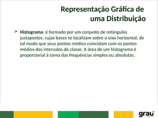 Representação Gráfica de
uma Distribuição
 Histograma: é formado por um conjunto de retângulos
justapostos, cujas bases se localizam sobre o eixo horizontal, de
tal modo que seus pontos médios coincidam com os pontos
médios dos intervalos de classe. A área de um histograma é
proporcional à soma das frequências simples ou absolutas.
 