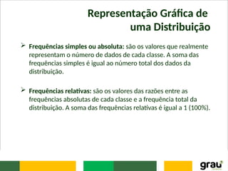 Representação Gráfica de
uma Distribuição
 Frequências simples ou absoluta: são os valores que realmente
representam o número de dados de cada classe. A soma das
frequências simples é igual ao número total dos dados da
distribuição.
 Frequências relativas: são os valores das razões entre as
frequências absolutas de cada classe e a frequência total da
distribuição. A soma das frequências relativas é igual a 1 (100%).
 