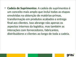 • Cadeia de Suprimentos: A cadeia de suprimentos é
um conceito mais amplo que inclui todas as etapas
envolvidas na obtenção de matérias-primas,
transformação em produtos acabados e entrega
final aos clientes. Isso abrange não apenas os
aspectos internos da logística, mas também as
interações com fornecedores, fabricantes,
distribuidores e clientes ao longo de toda a cadeia.
 