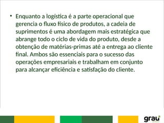 • Enquanto a logística é a parte operacional que
gerencia o fluxo físico de produtos, a cadeia de
suprimentos é uma abordagem mais estratégica que
abrange todo o ciclo de vida do produto, desde a
obtenção de matérias-primas até a entrega ao cliente
final. Ambos são essenciais para o sucesso das
operações empresariais e trabalham em conjunto
para alcançar eficiência e satisfação do cliente.
 
