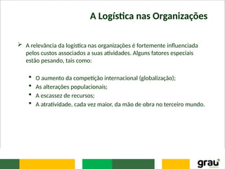 A Logística nas Organizações
 A relevância da logística nas organizações é fortemente influenciada
pelos custos associados a suas atividades. Alguns fatores especiais
estão pesando, tais como:
 O aumento da competição internacional (globalização);
 As alterações populacionais;
 A escassez de recursos;
 A atratividade, cada vez maior, da mão de obra no terceiro mundo.
 