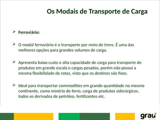 Os Modais de Transporte de Carga
 Ferroviário:
 O modal ferroviário é o transporte por meio de trens. É uma das
melhores opções para grandes volumes de carga.
 Apresenta baixo custo e alta capacidade de carga para transporte de
produtos em grande escala e cargas pesadas, porém não possui a
mesma ﬂexibilidade de rotas, visto que os destinos são ﬁxos.
 Ideal para transportar commodities em grande quantidade no mesmo
continente, como minério de ferro, carga de produtos siderúrgicos,
todos os derivados de petróleo, fertilizantes etc.
 