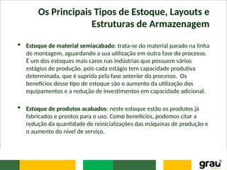 Os Principais Tipos de Estoque, Layouts e
Estruturas de Armazenagem
 Estoque de material semiacabado: trata-se do material parado na linha
de montagem, aguardando a sua utilização em outra fase do processo.
É um dos estoques mais caros nas indústrias que possuem vários
estágios de produção, pois cada estágio tem capacidade produtiva
determinada, que é suprida pela fase anterior do processo. Os
benefícios desse tipo de estoque são o aumento da utilização dos
equipamentos e a redução de investimentos em capacidade adicional.
 Estoque de produtos acabados: neste estoque estão os produtos já
fabricados e prontos para o uso. Como benefícios, podemos citar a
redução da quantidade de reinicializações das máquinas de produção e
o aumento do nível de serviço.
 