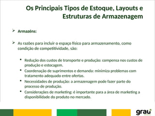 Os Principais Tipos de Estoque, Layouts e
Estruturas de Armazenagem
 Armazéns:
 As razões para incluir o espaço físico para armazenamento, como
condição de competitividade, são:
 Redução dos custos de transporte e produção: compensa nos custos de
produção e estocagem.
 Coordenação de suprimentos e demanda: minimiza problemas com
tratamento adequado entre ofertas.
 Necessidades de produção: a armazenagem pode fazer parte do
processo de produção.
 Considerações de marketing: é importante para a área de marketing a
disponibilidade do produto no mercado.
 