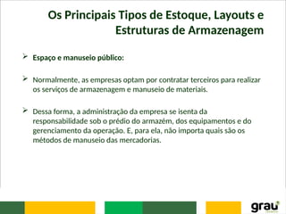 Os Principais Tipos de Estoque, Layouts e
Estruturas de Armazenagem
 Espaço e manuseio público:
 Normalmente, as empresas optam por contratar terceiros para realizar
os serviços de armazenagem e manuseio de materiais.
 Dessa forma, a administração da empresa se isenta da
responsabilidade sob o prédio do armazém, dos equipamentos e do
gerenciamento da operação. E, para ela, não importa quais são os
métodos de manuseio das mercadorias.
 