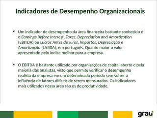 Indicadores de Desempenho Organizacionais
 Um indicador de desempenho da área financeira bastante conhecido é
o Earnings Before Interest, Taxes, Depreciation and Amortization
(EBITDA) ou Lucros Antes de Juros, Impostos, Depreciação e
Amortização (LAJIDA), em português. Quanto maior o valor
apresentado pelo índice melhor para a empresa.
 O EBITDA é bastante utilizado por organizações de capital aberto e pela
maioria dos analistas, visto que permite verificar o desempenho
realista da empresa em um determinado período sem sofrer a
influência de fatores difíceis de serem mensurados. Os indicadores
mais utilizados nessa área são os de produtividade.
 