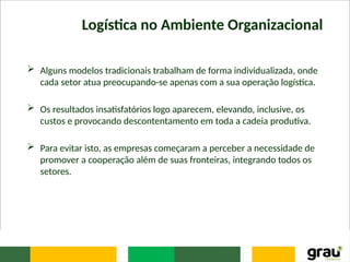 Logística no Ambiente Organizacional
 Alguns modelos tradicionais trabalham de forma individualizada, onde
cada setor atua preocupando-se apenas com a sua operação logística.
 Os resultados insatisfatórios logo aparecem, elevando, inclusive, os
custos e provocando descontentamento em toda a cadeia produtiva.
 Para evitar isto, as empresas começaram a perceber a necessidade de
promover a cooperação além de suas fronteiras, integrando todos os
setores.
 