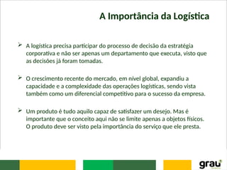 A Importância da Logística
 A logística precisa participar do processo de decisão da estratégia
corporativa e não ser apenas um departamento que executa, visto que
as decisões já foram tomadas.
 O crescimento recente do mercado, em nível global, expandiu a
capacidade e a complexidade das operações logísticas, sendo vista
também como um diferencial competitivo para o sucesso da empresa.
 Um produto é tudo aquilo capaz de satisfazer um desejo. Mas é
importante que o conceito aqui não se limite apenas a objetos físicos.
O produto deve ser visto pela importância do serviço que ele presta.
 