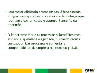 • Para maior eficiência dessas etapas, é fundamental
integrar esses processos por meio de tecnologias que
facilitam a comunicação e acompanhamento da
operação.
• O importante é que os processos sejam feitos com
eficiência, qualidade e agilidade, buscando reduzir
custos, otimizar processos e aumentar a
competitividade da empresa no mercado global.
 