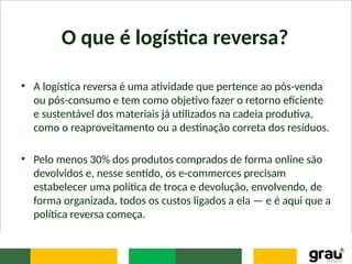O que é logística reversa?
• A logística reversa é uma atividade que pertence ao pós-venda
ou pós-consumo e tem como objetivo fazer o retorno eficiente
e sustentável dos materiais já utilizados na cadeia produtiva,
como o reaproveitamento ou a destinação correta dos resíduos.
• Pelo menos 30% dos produtos comprados de forma online são
devolvidos e, nesse sentido, os e-commerces precisam
estabelecer uma política de troca e devolução, envolvendo, de
forma organizada, todos os custos ligados a ela — e é aqui que a
política reversa começa.
 