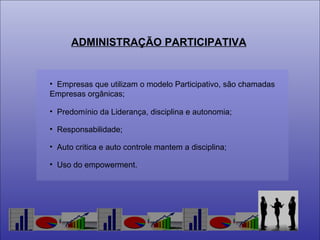 Empresas que utilizam o modelo Participativo, são chamadas Empresas orgânicas; Predomínio da Liderança, disciplina e autonomia; Responsabilidade; Auto critica e auto controle mantem a disciplina; Uso do empowerment. ADMINISTRAÇÃO PARTICIPATIVA 