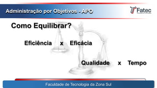 Eficiência x Eficácia
Faculdade de Tecnologia da Zona Sul
Administração por Objetivos - APO
Qualidade x Tempo
Como Equilibrar?
 