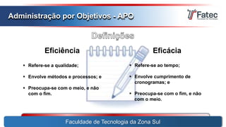 Faculdade de Tecnologia da Zona Sul
Administração por Objetivos - APO
Eficiência Eficácia
 Refere-se a qualidade;
 Envolve métodos e processos; e
 Preocupa-se com o meio, e não
com o fim.
 Refere-se ao tempo;
 Envolve cumprimento de
cronogramas; e
 Preocupa-se com o fim, e não
com o meio.
 
