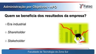 Quem se beneficia dos resultados da empresa?
Faculdade de Tecnologia da Zona Sul
Administração por Objetivos - APO
○Era industrial
○ Shareholder
○ Stakeholder
 