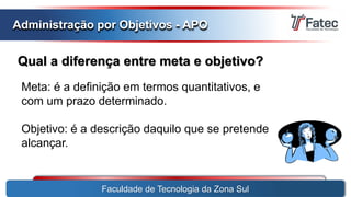Qual a diferença entre meta e objetivo?
Faculdade de Tecnologia da Zona Sul
Administração por Objetivos - APO
Meta: é a definição em termos quantitativos, e
com um prazo determinado.
Objetivo: é a descrição daquilo que se pretende
alcançar.
 