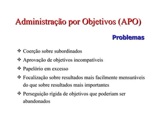 Administração por Objetivos (APO) Coerção sobre subordinados Aprovação de objetivos incompatíveis Papelório em excesso  Focalização sobre resultados mais facilmente mensuráveis do que sobre resultados mais importantes Perseguição rígida de objetivos que poderiam ser abandonados Problemas 