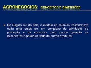 AGRONEGÓCIOS: CONCEITOS E DIMENSÕES
 Na Região Sul do país, o modelo de colônias transformava
cada uma delas em um complexo de atividades de
produção e de consumo, com pouca geração de
excedentes e pouca entrada de outros produtos.
 