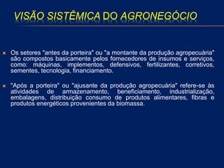 VISÃO SISTÊMICA DO AGRONEGÓCIO
 Os setores "antes da porteira" ou "a montante da produção agropecuária"
são compostos basicamente pelos fornecedores de insumos e serviços,
como: máquinas, implementos, defensivos, fertilizantes, corretivos,
sementes, tecnologia, financiamento.
 "Após a porteira" ou "ajusante da produção agropecuária" refere-se às
atividades de armazenamento, beneficiamento, industrialização,
embalagens, distribuição consumo de produtos alimentares, fibras e
produtos energéticos provenientes da biomassa.
 